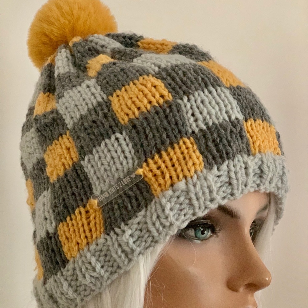 Hand Knits 2 Love Beanie Hat Cap Plaid Checkers